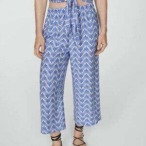 Mango Blue and White Leaf Print Straight Pants/NWT/M
